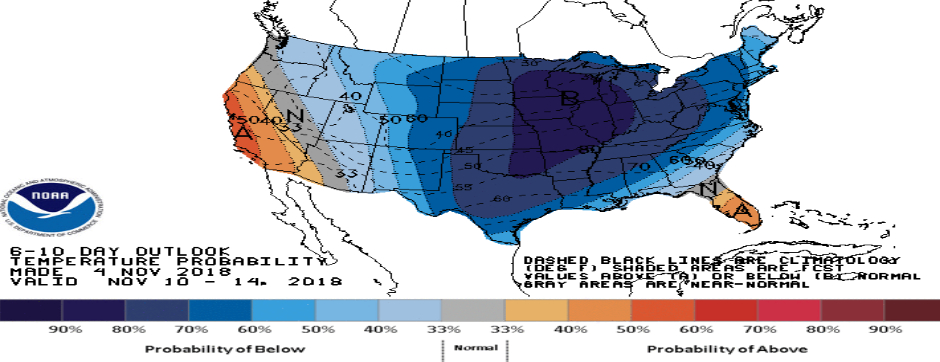 Prognozy temperatur dla USA w okresie 10-14 XI. Źródło: Bloomberg, NOAA