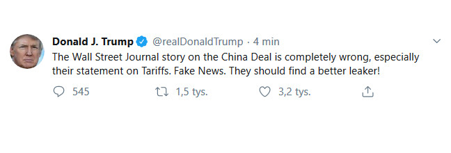 Trump: artykuł WSJ o umowie z Chinami jest całkowicie nieprawdziwy